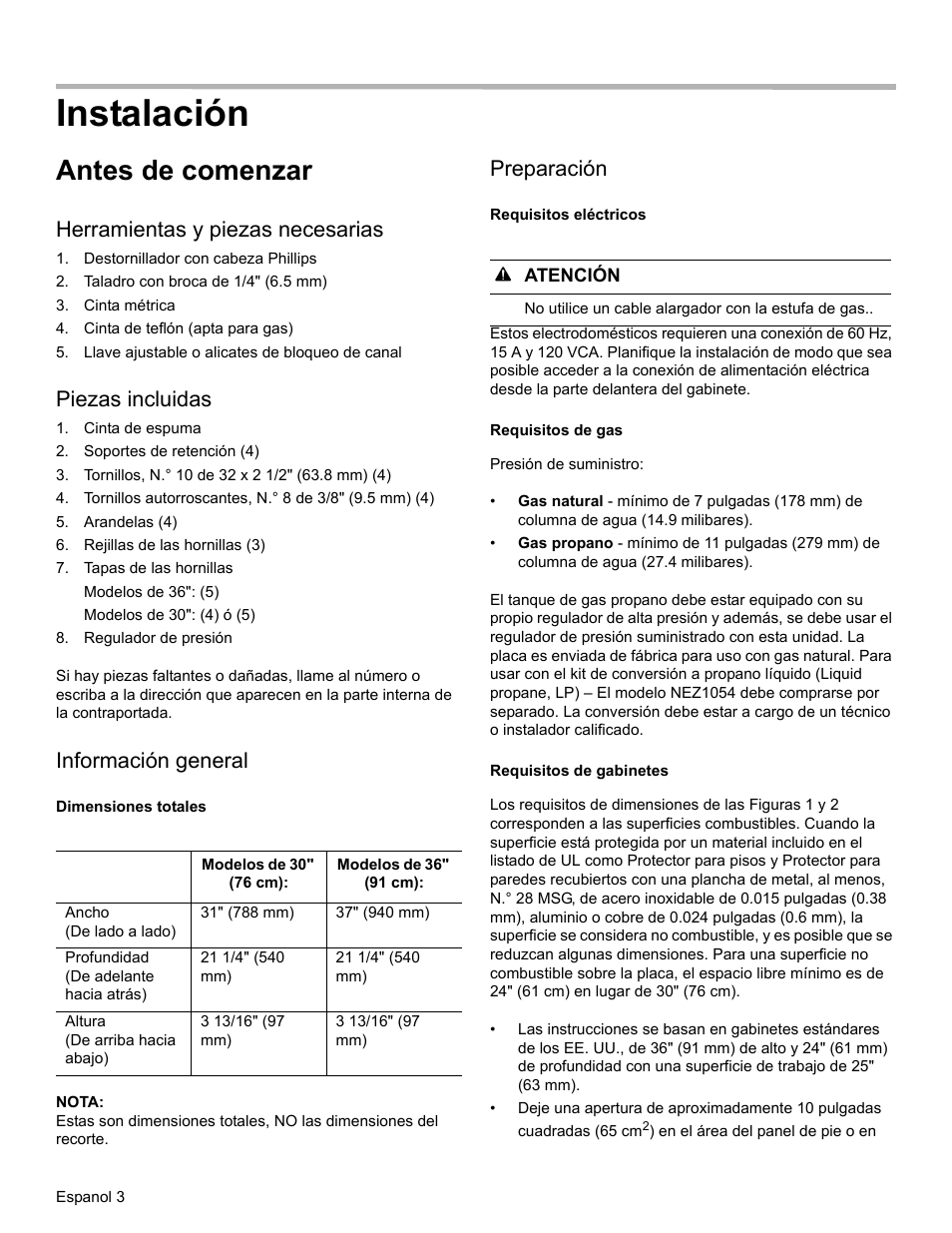 Instalación, Antes de comenzar, Herramientas y piezas necesarias | Piezas incluidas, Información general, Preparación | Bosch NGM8655UC User Manual | Page 28 / 36