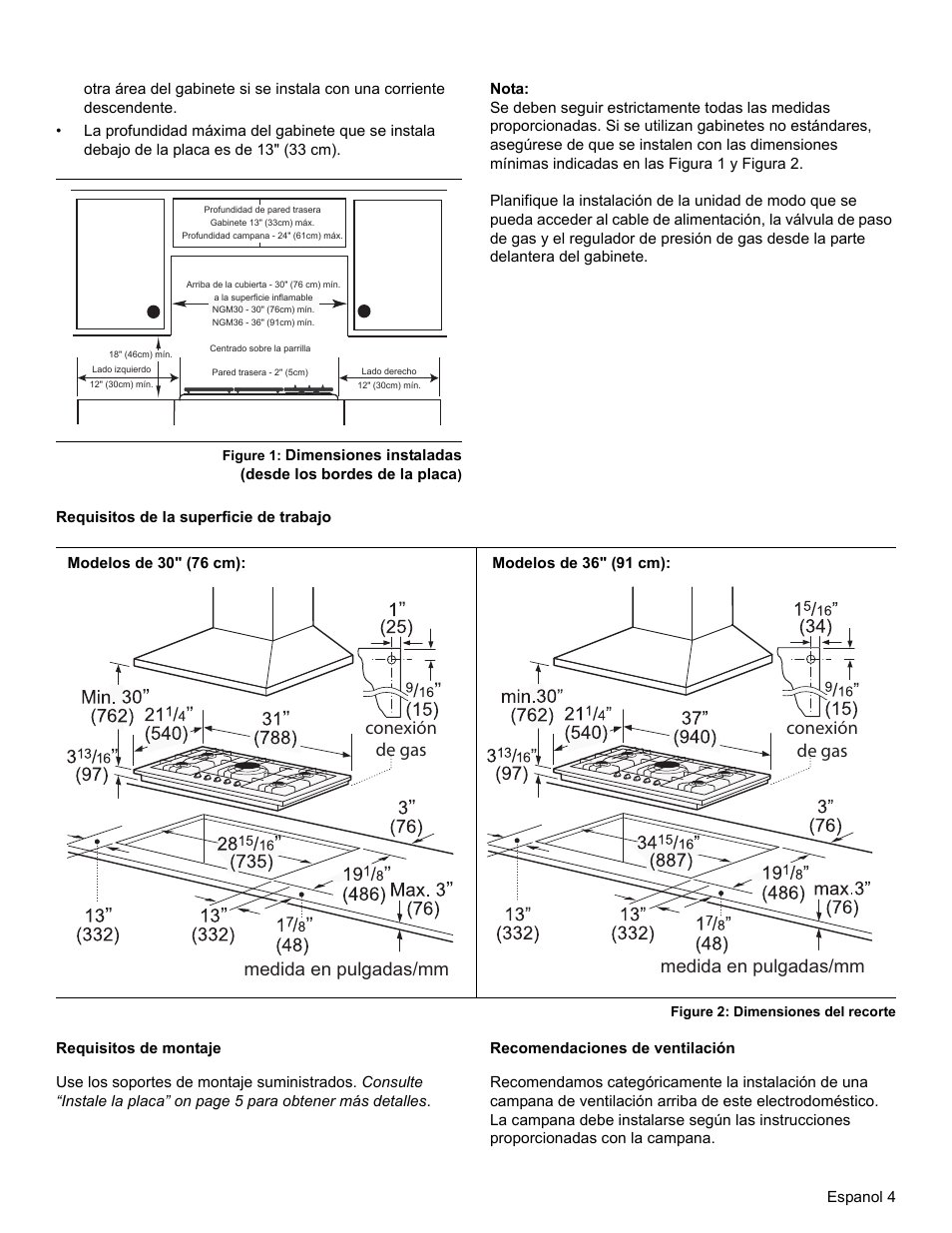 Conexión de gas medida en pulgadas/mm, Medida en pulgadas/mm conexión de gas | Bosch NGM8655UC User Manual | Page 29 / 36