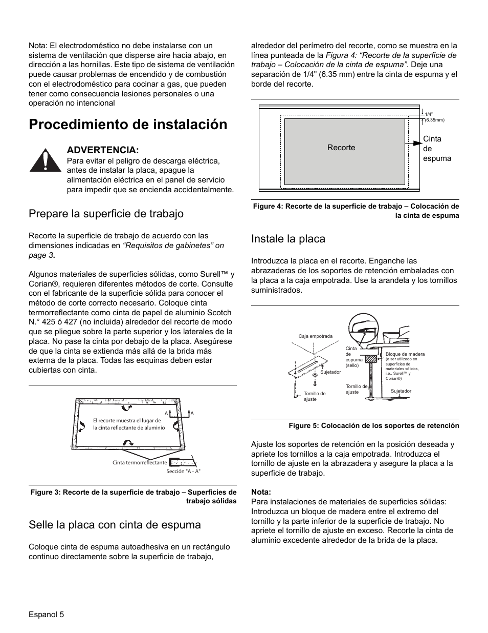 Procedimiento de instalación, Prepare la superficie de trabajo, Selle la placa con cinta de espuma | Instale la placa, Advertencia | Bosch NGM8655UC User Manual | Page 30 / 36