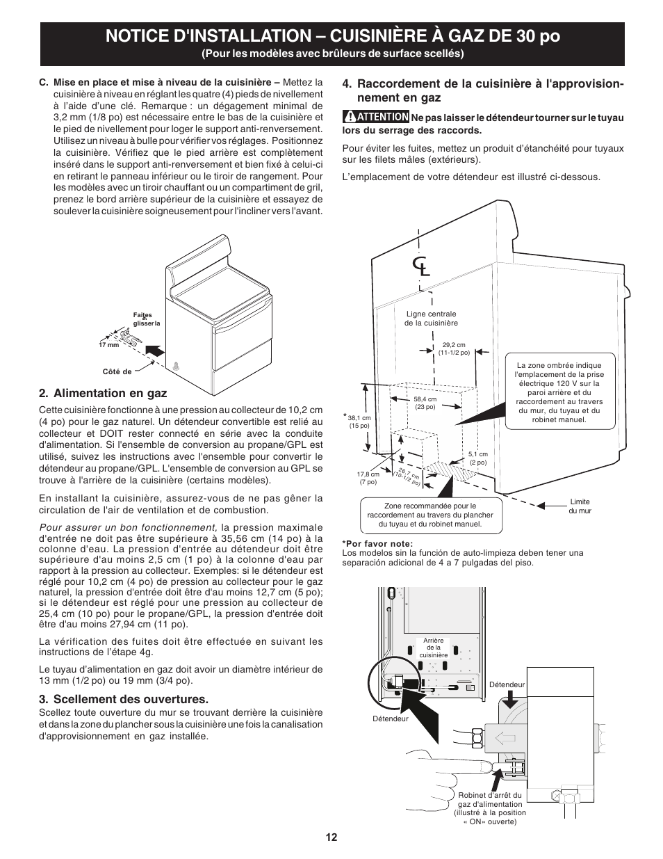 Notice d'installation – cuisinière à gaz de 30 po, Alimentation en gaz, Scellement des ouvertures | Pour les modèles avec brûleurs de surface scellés) | Bosch HGS3053UC User Manual | Page 12 / 24