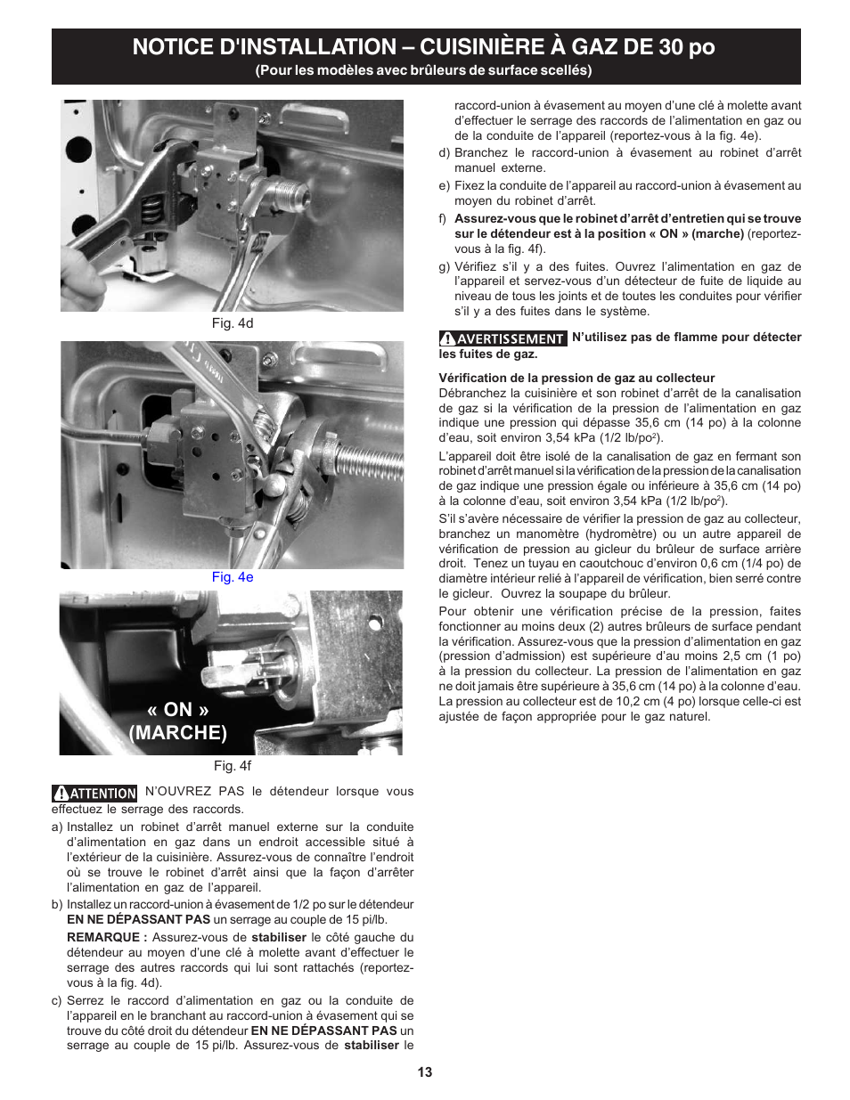 Notice d'installation – cuisinière à gaz de 30 po, On » (marche) | Bosch HGS3053UC User Manual | Page 13 / 24