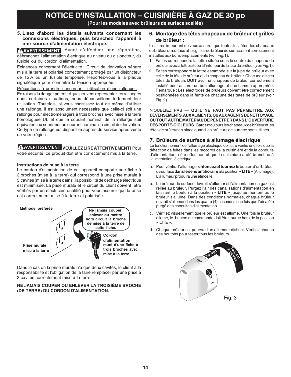 Notice d'installation – cuisinière à gaz de 30 po | Bosch HGS3053UC User Manual | Page 14 / 24