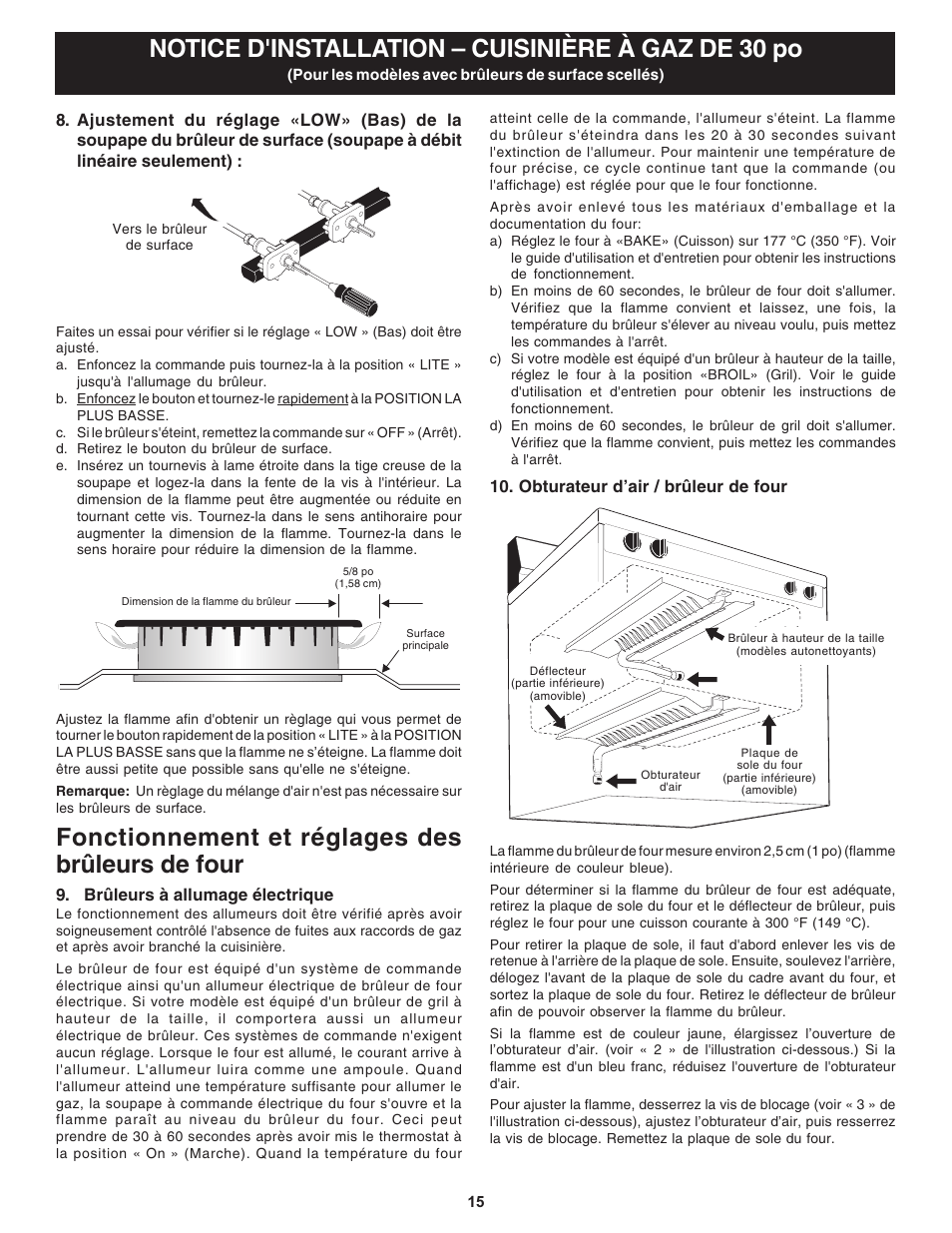 Notice d'installation – cuisinière à gaz de 30 po, Fonctionnement et réglages des brûleurs de four, Brûleurs à allumage électrique | Obturateur d’air / brûleur de four | Bosch HGS3053UC User Manual | Page 15 / 24