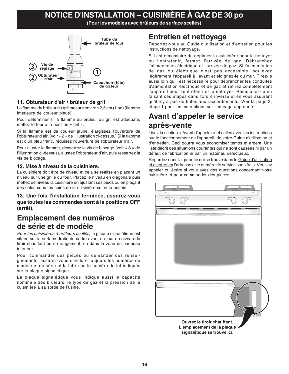 Notice d'installation – cuisinière à gaz de 30 po, Entretien et nettoyage, Avant d’appeler le service après-vente | Emplacement des numéros de série et de modèle | Bosch HGS3053UC User Manual | Page 16 / 24