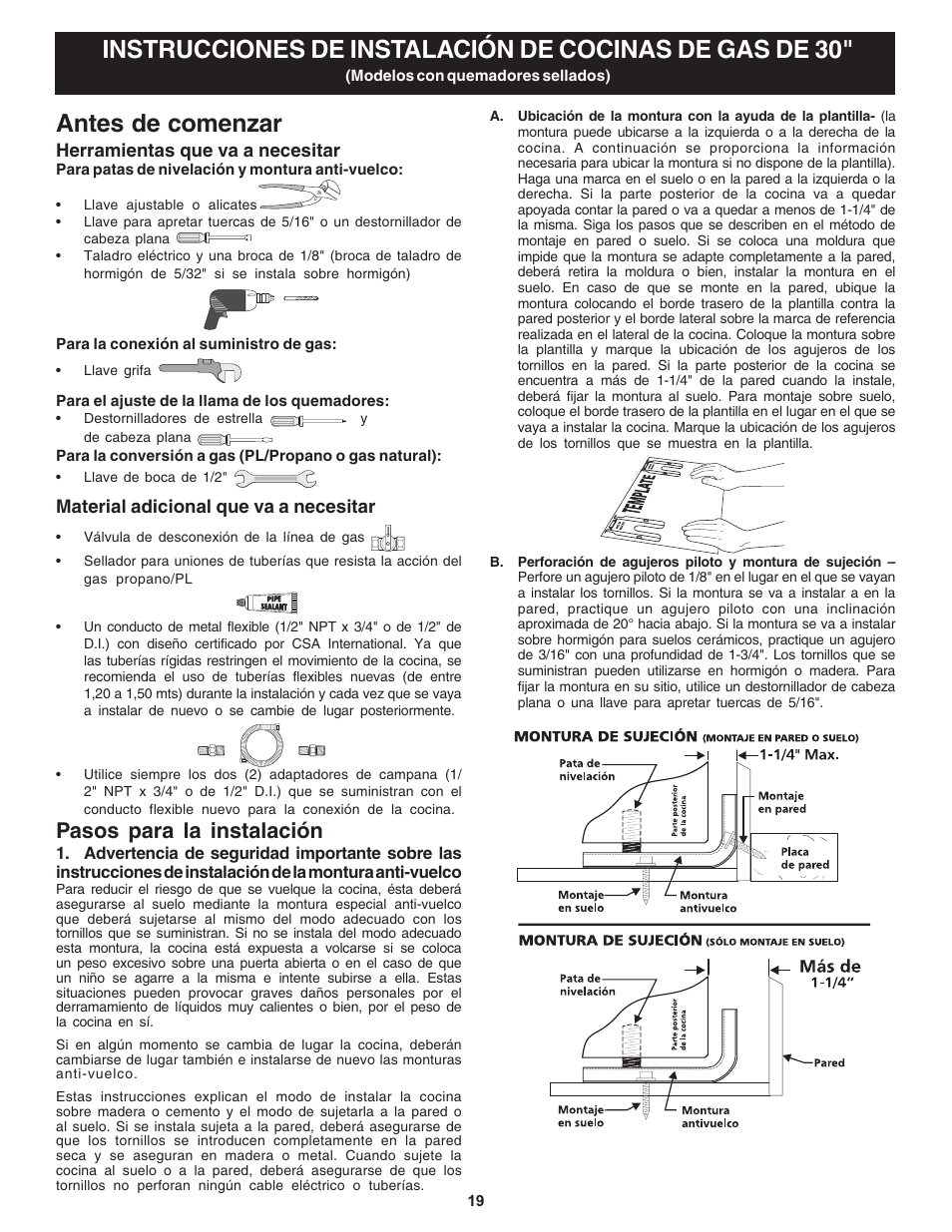 Antes de comenzar, Pasos para la instalación | Bosch HGS3053UC User Manual | Page 19 / 24