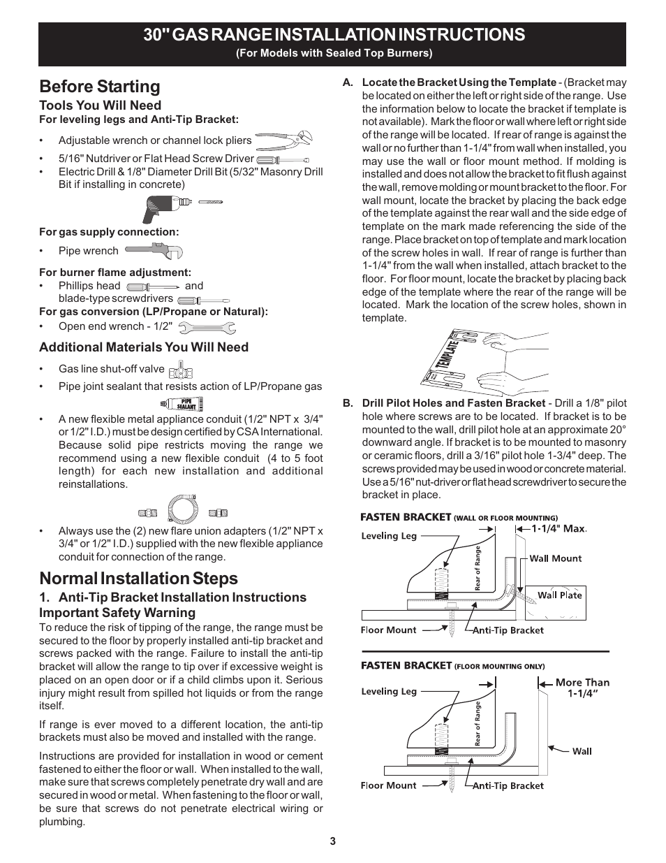 Before starting, Normal installation steps, 30" gas range installation instructions | Bosch HGS3053UC User Manual | Page 3 / 24