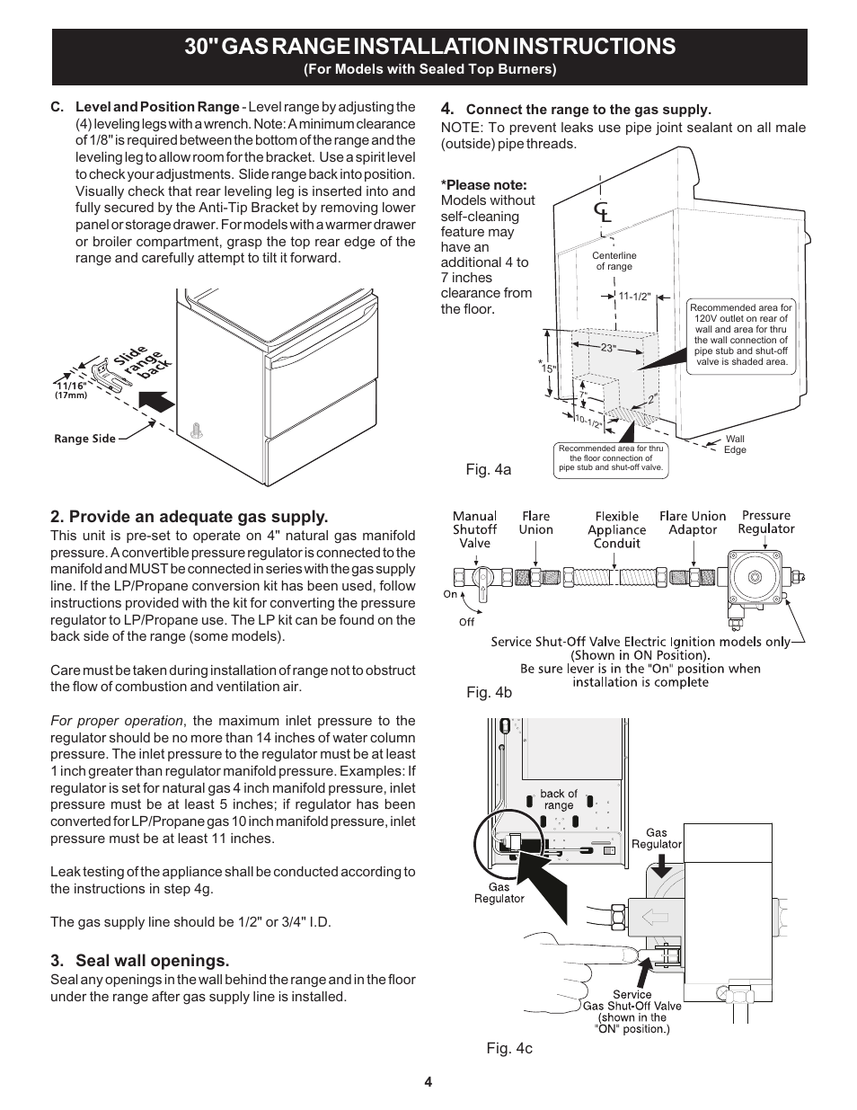 30" gas range installation instructions, Provide an adequate gas supply, Seal wall openings | Fig. 4a fig. 4b fig. 4c | Bosch HGS3053UC User Manual | Page 4 / 24