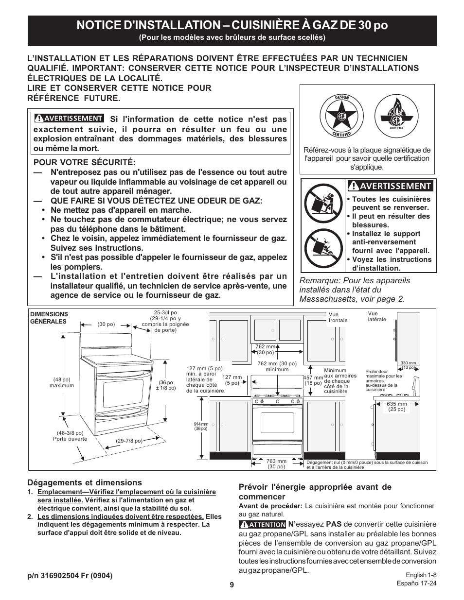 Notice d'installation – cuisinière à gaz de 30 po, Dégagements et dimensions | Bosch HGS3053UC User Manual | Page 9 / 24