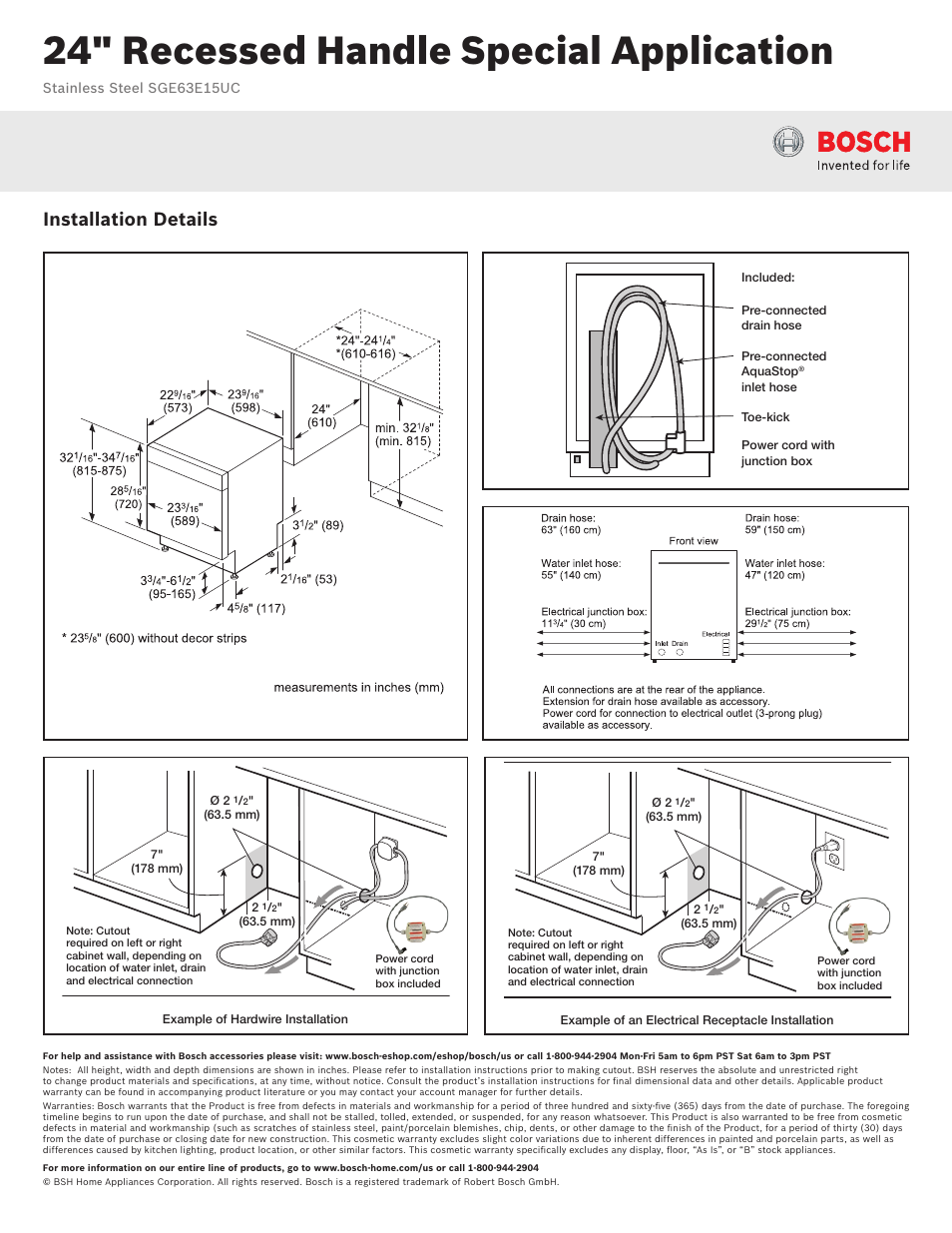 24" recessed handle special application, Installation details | Bosch SGE63E15UC User Manual | Page 2 / 3