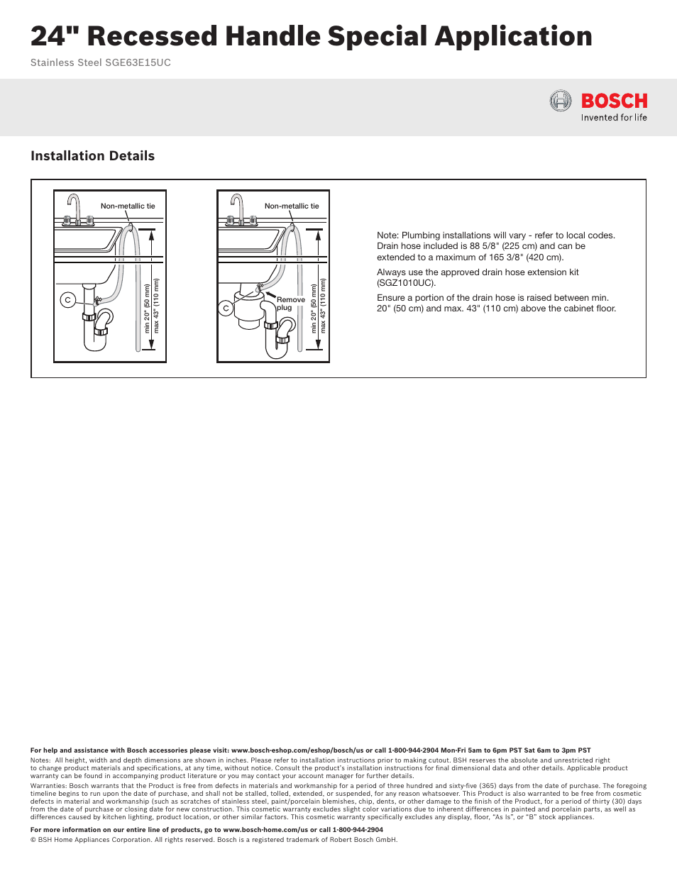 24" recessed handle special application, Installation details | Bosch SGE63E15UC User Manual | Page 3 / 3