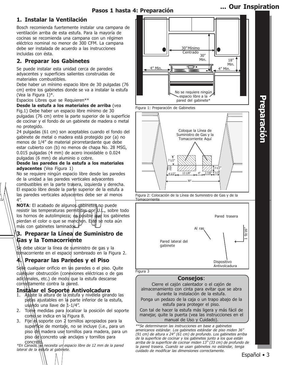 Seguridad preparación instalación pasos finales, Our inspiration, Español • 3 | Pasos 1 hasta 4: preparación, Instalar la ventilación, Preparar los gabinetes, Preparar las paredes y el piso, Instalar el soporte antivolcadura, Consejos | Bosch HDS7052U User Manual | Page 21 / 28