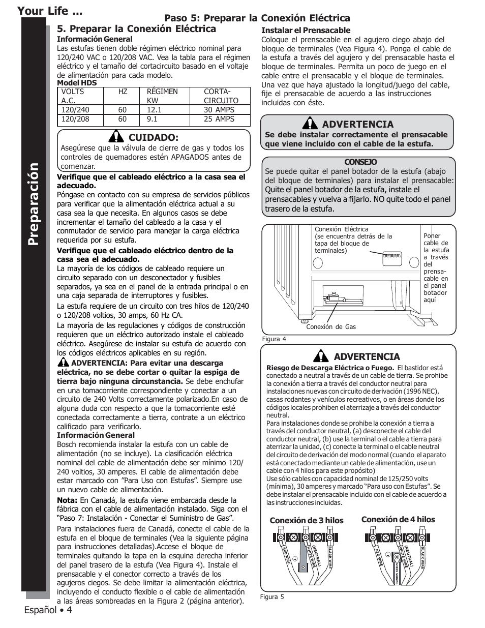 Seguridad preparación instalación pasos finales, Your life, Español • 4 | Advertencia, Cuidado | Bosch HDS7052U User Manual | Page 22 / 28