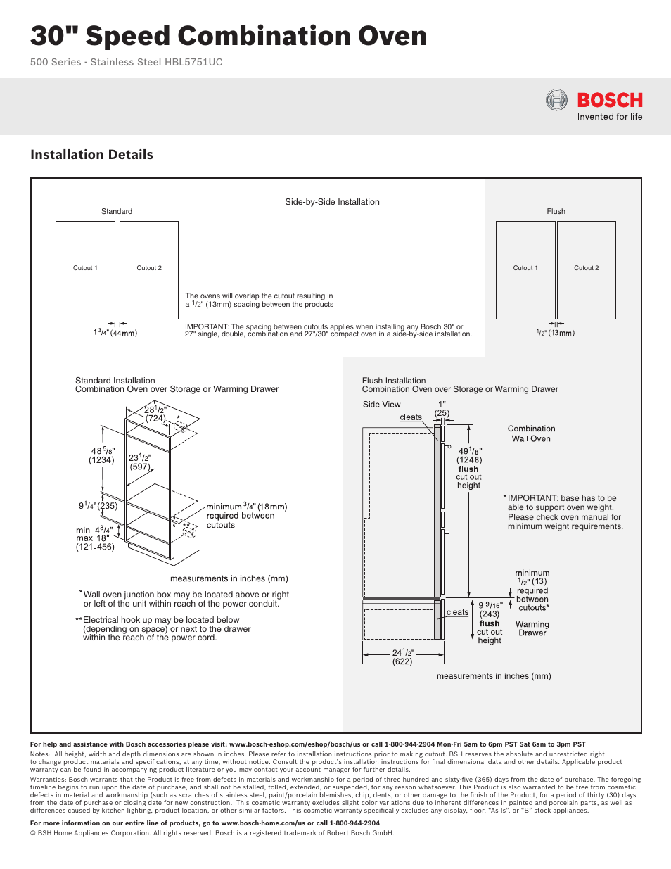 30" speed combination oven, Installation details | Bosch HBL5751UC User Manual | Page 3 / 3