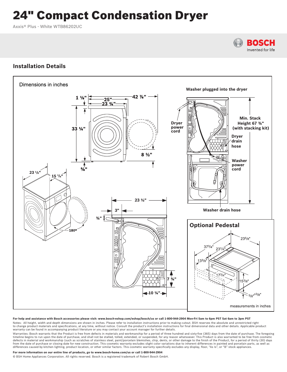 24" compact condensation dryer, Installation details optional pedestal, Dimensions in inches | Bosch WTB86202UC User Manual | Page 2 / 3