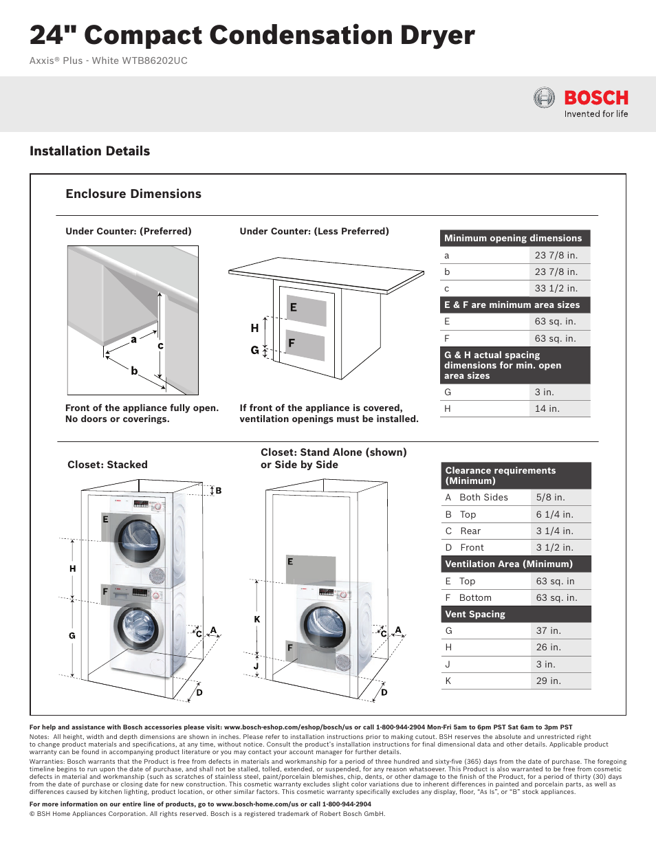 24" compact condensation dryer, Installation details, Enclosure dimensions | Bosch WTB86202UC User Manual | Page 3 / 3