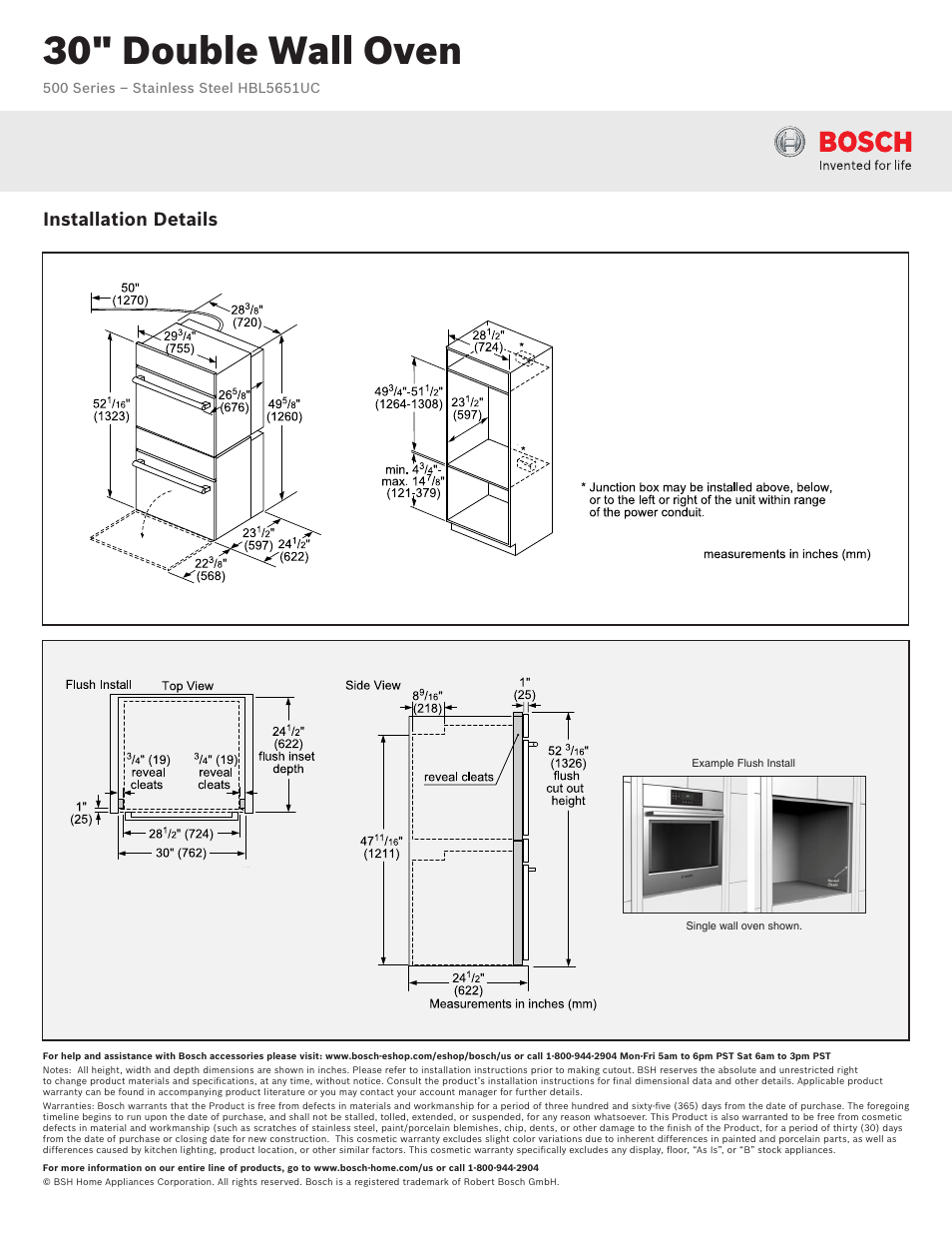 30" double wall oven, Installation details | Bosch HBL5651UC User Manual | Page 2 / 3