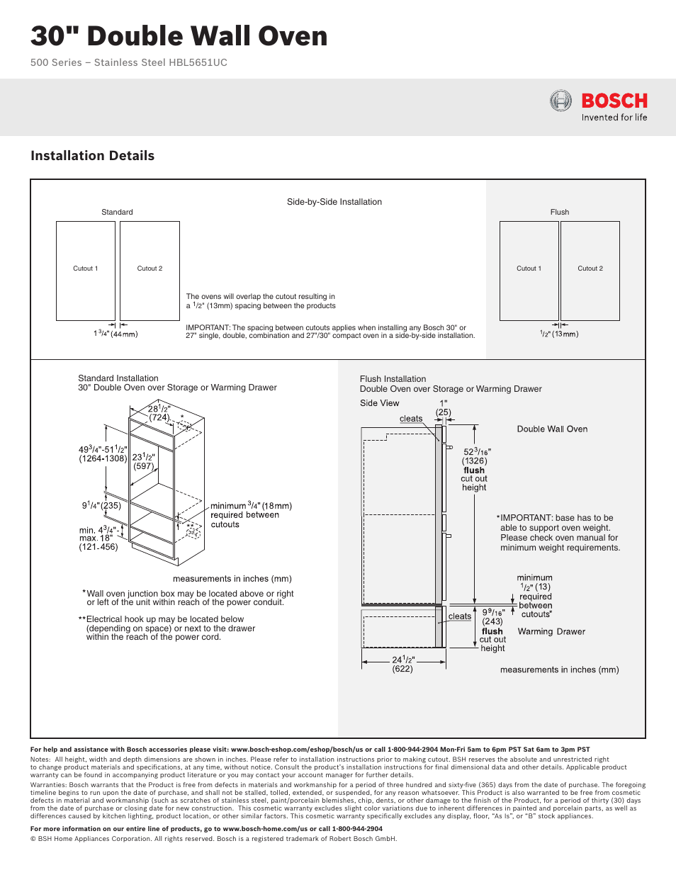 30" double wall oven, Installation details | Bosch HBL5651UC User Manual | Page 3 / 3