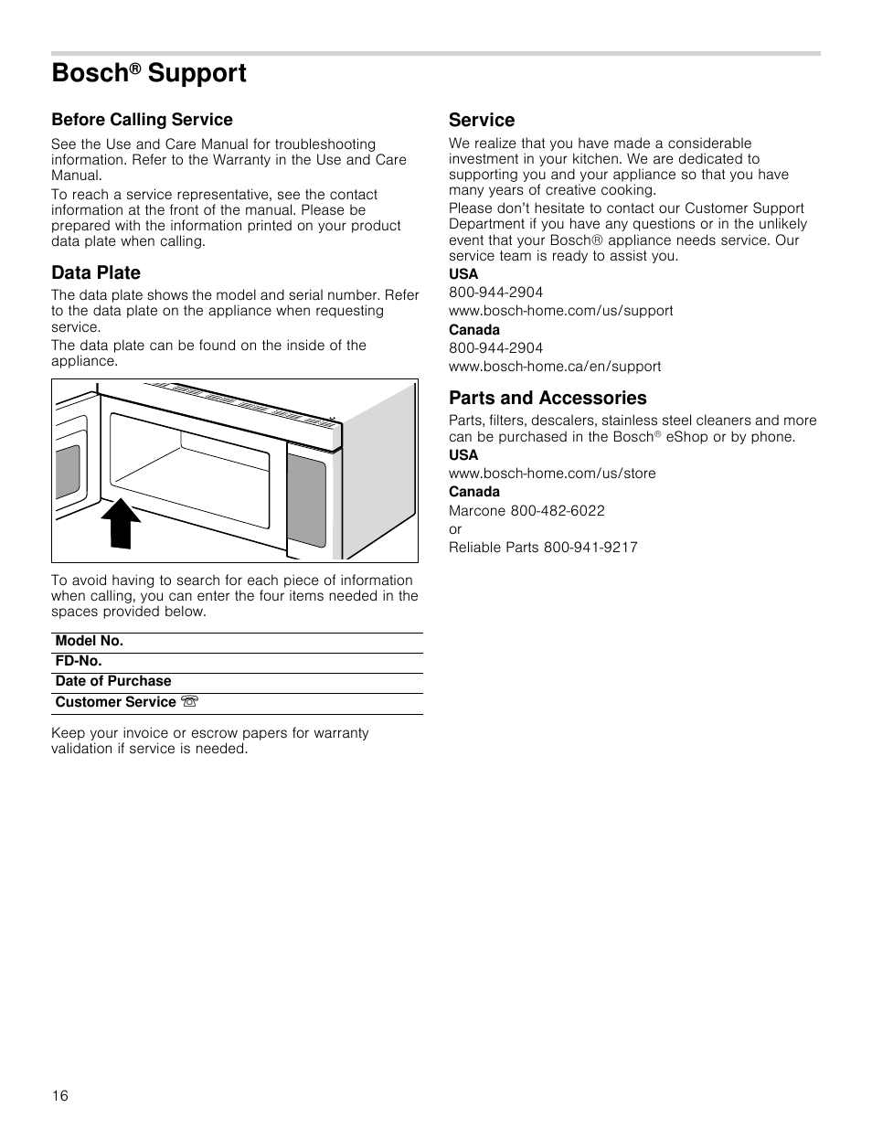 Bosch® support, Before calling service, Data plate | Service, Parts and accessories, Bosch, Support | Bosch HMV3022U User Manual | Page 16 / 36