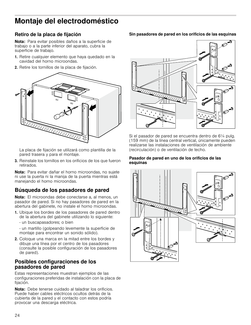 Montaje del electrodoméstico, Retiro de la placa de fijación, Nota | Retire los tornillos de la placa de fijación, Búsqueda de los pasadores de pared, Posibles configuraciones de los pasadores de pared, De pared | Bosch HMV3022U User Manual | Page 24 / 36