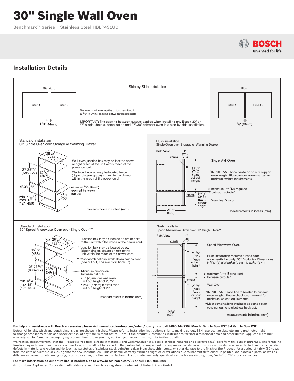 30" single wall oven, Installation details, Benchmark™ series – stainless steel hblp451uc | Bosch HBLP451UC User Manual | Page 3 / 3