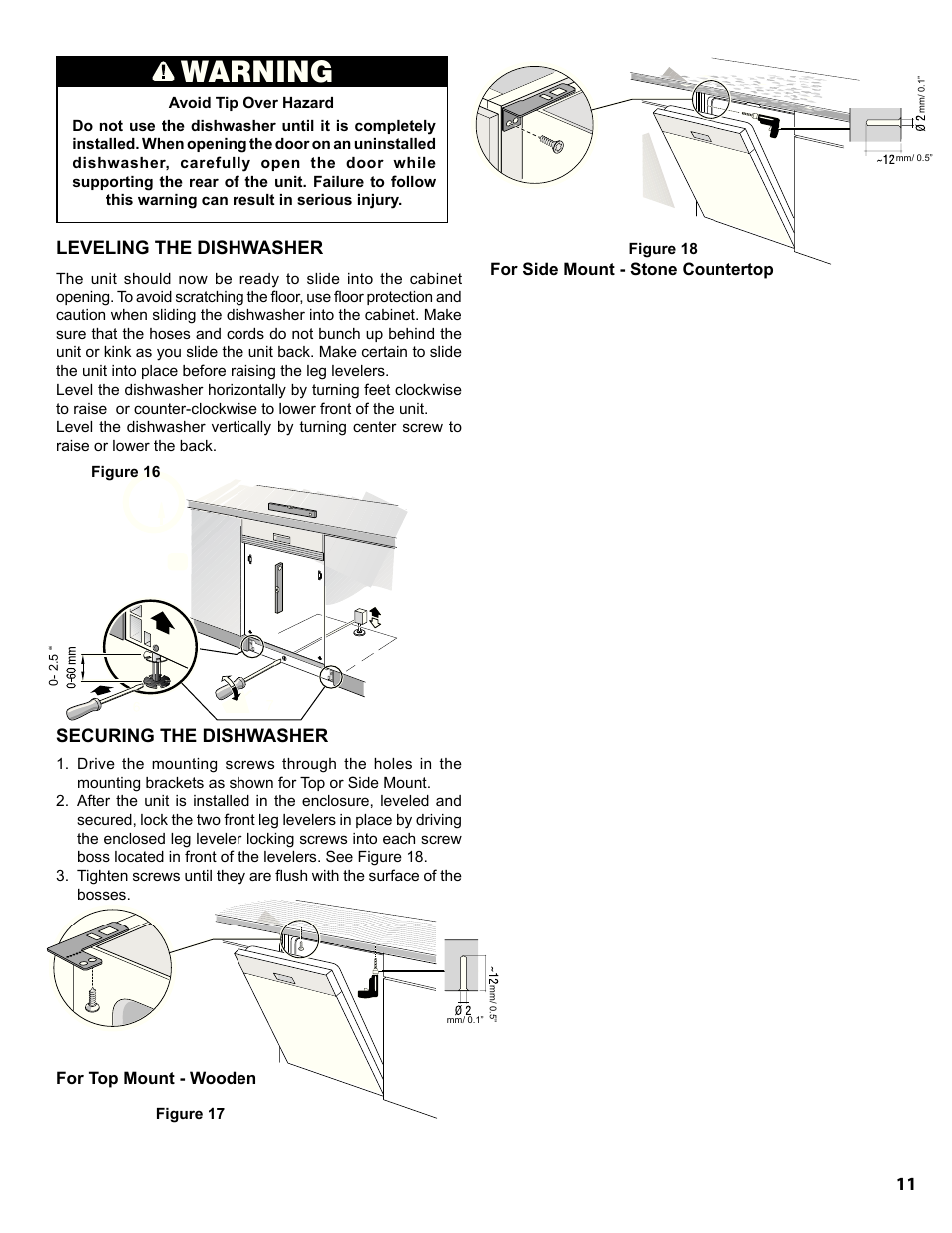 Warning, Leveling the dishwasher securing the dishwasher | Bosch SGE63E06UC User Manual | Page 11 / 39