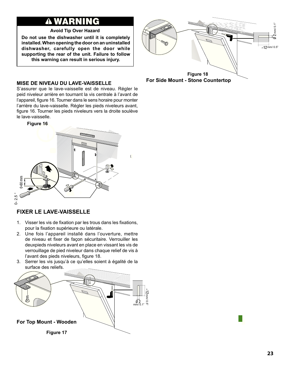 Warning, Fixer le lave-vaisselle | Bosch SGE63E06UC User Manual | Page 23 / 39
