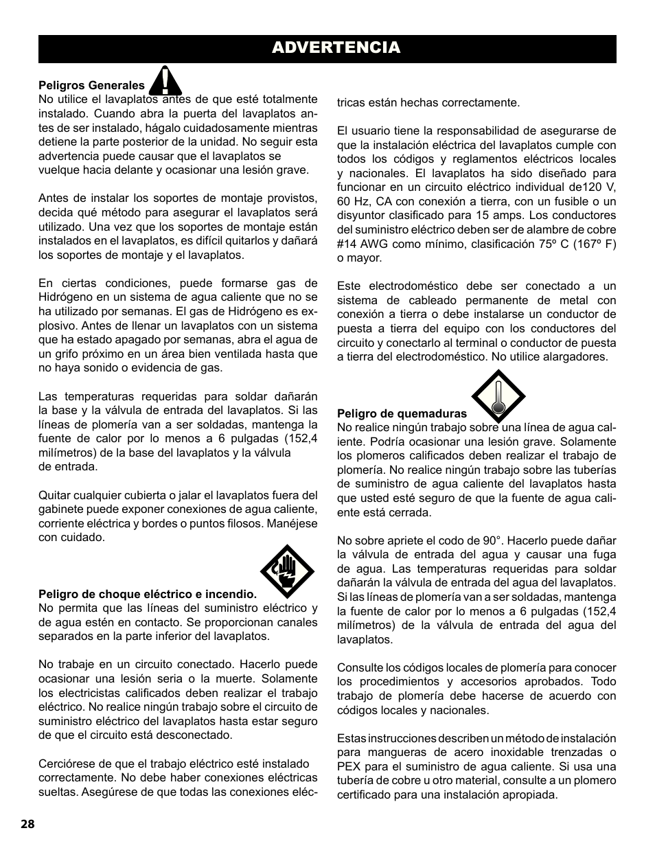 Advertencia | Bosch SGE63E06UC User Manual | Page 28 / 39