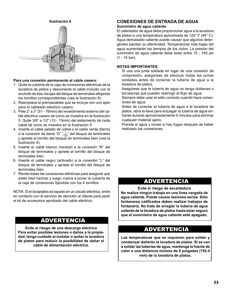 Advertencia | Bosch SGE63E06UC User Manual | Page 33 / 39