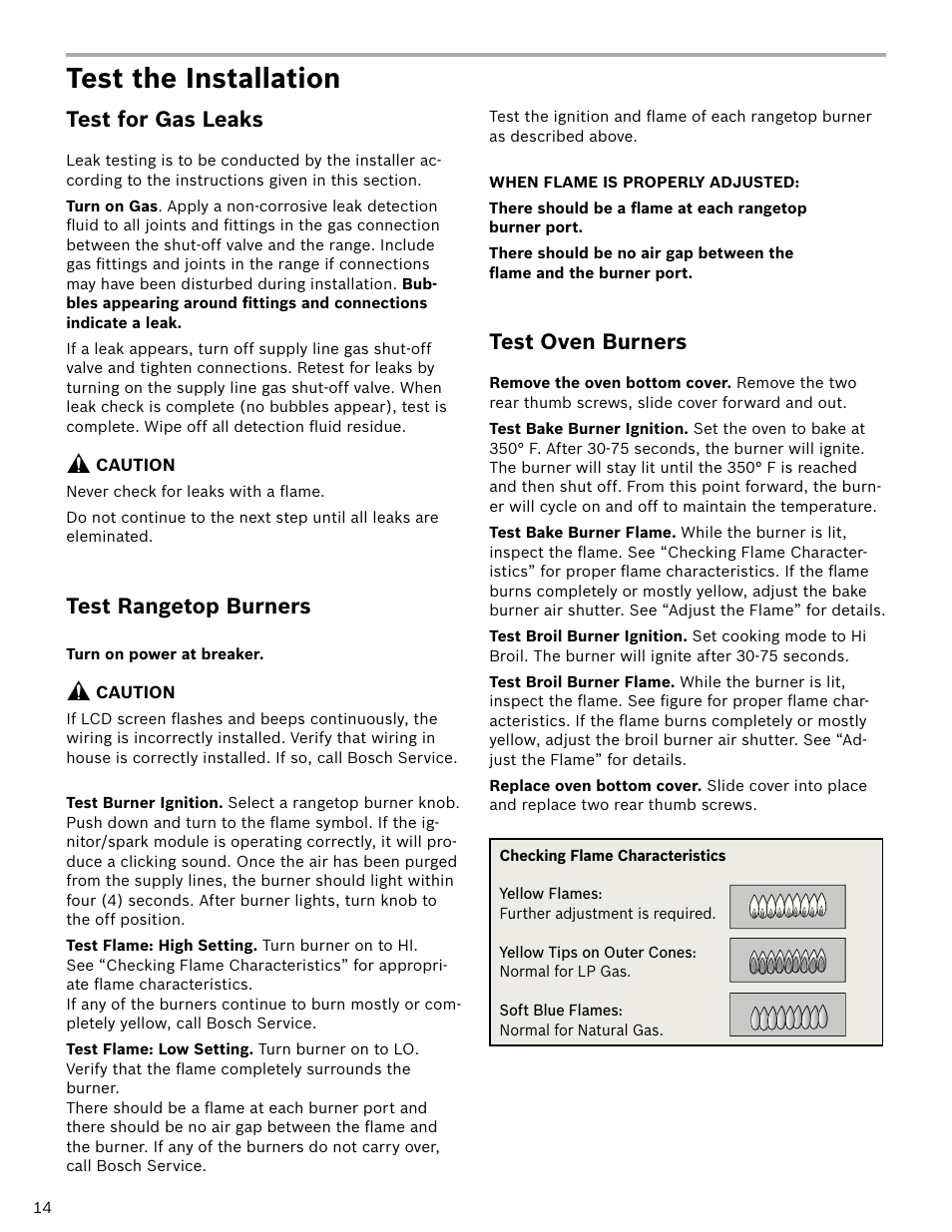 Test the installation, Test for gas leaks, Test rangetop burners | Test oven burners | Bosch HDI7052U User Manual | Page 14 / 48