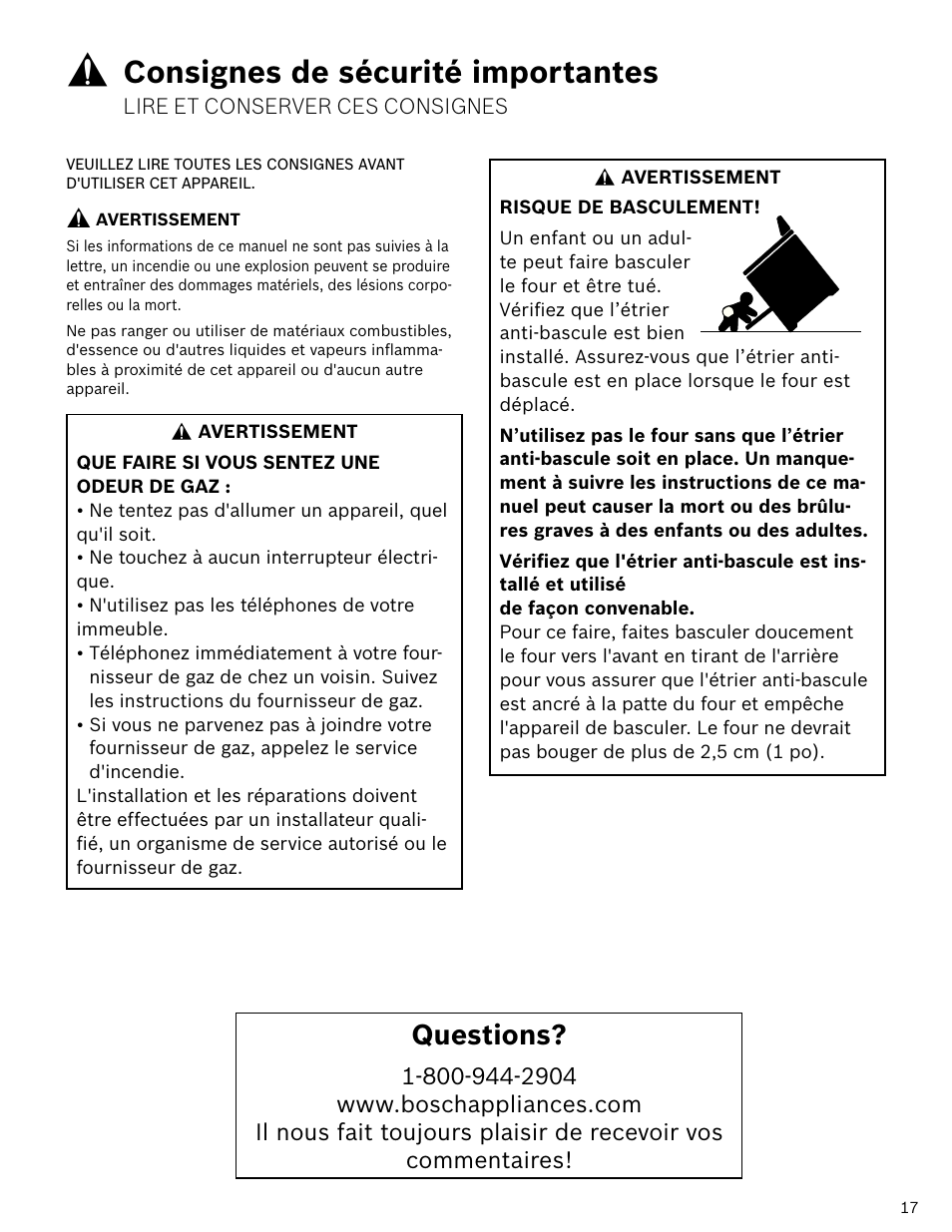 Consignes de sécurité importantes, Questions | Bosch HDI7052U User Manual | Page 17 / 48