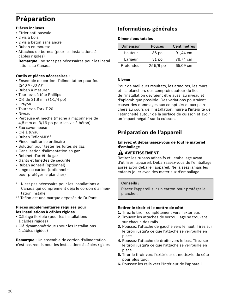 Préparation, Informations générales, Préparation de l'appareil | Bosch HDI7052U User Manual | Page 20 / 48