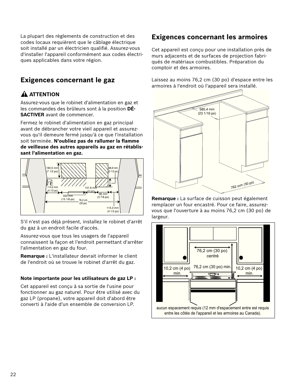 Exigences concernant les armoires, Exigences concernant le gaz, Attention | Bosch HDI7052U User Manual | Page 22 / 48