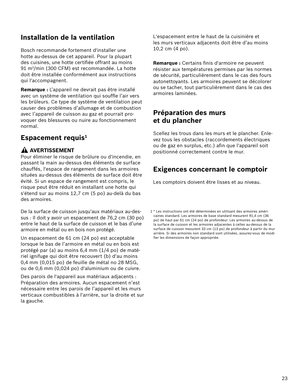 Installation de la ventilation, Espacement requis, Préparation des murs et du plancher | Exigences concernant le comptoir | Bosch HDI7052U User Manual | Page 23 / 48