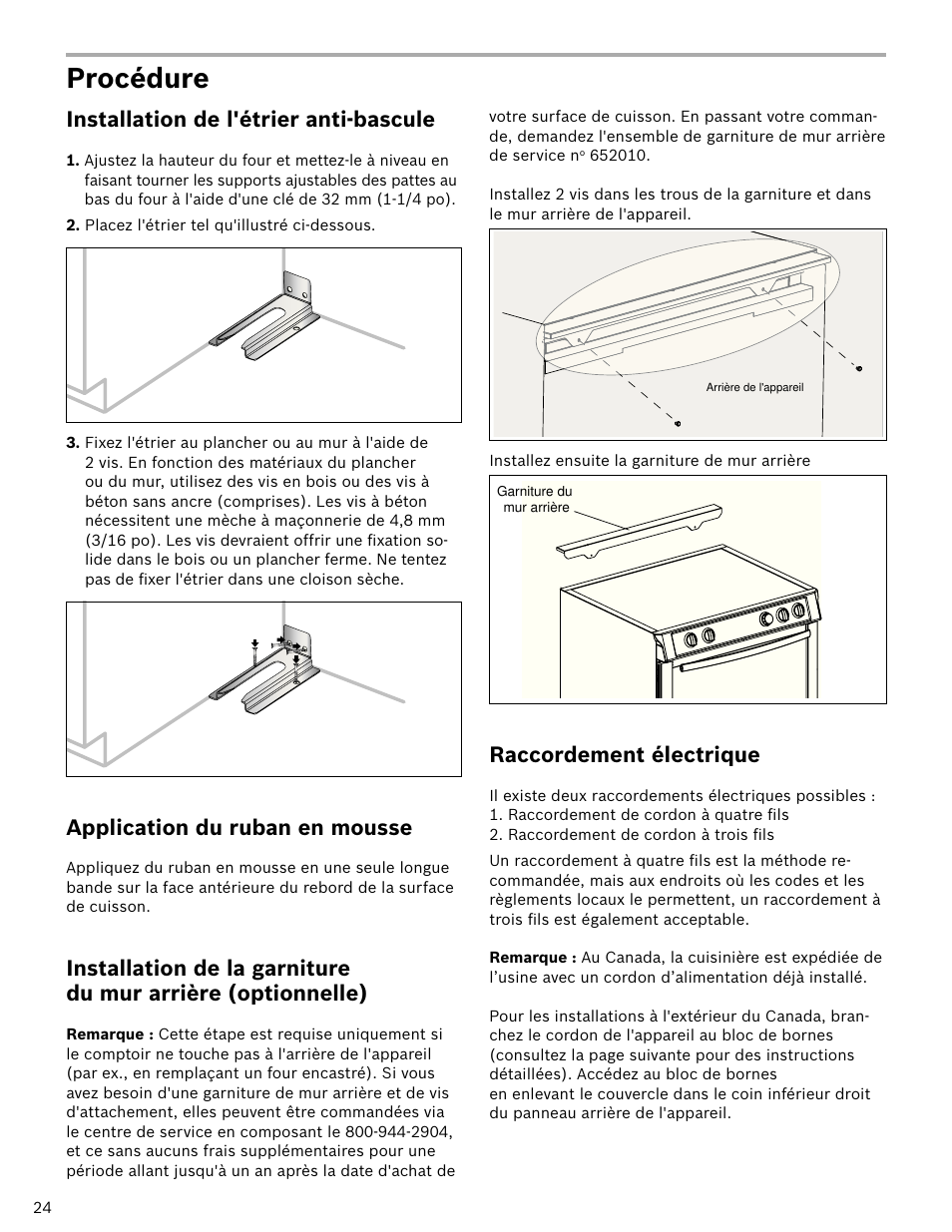 Procédure, Installation de l'étrier anti-bascule, Application du ruban en mousse | Raccordement électrique | Bosch HDI7052U User Manual | Page 24 / 48