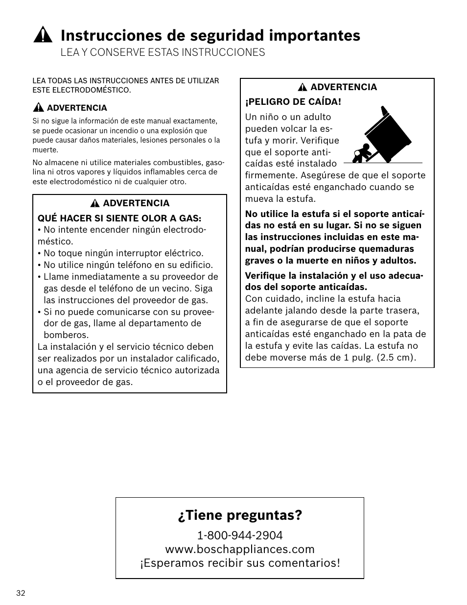 Instrucciones de seguridad importantes, Tiene preguntas | Bosch HDI7052U User Manual | Page 32 / 48