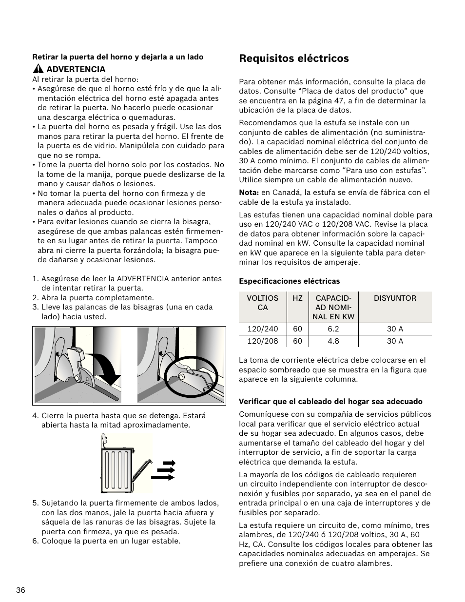 Requisitos eléctricos | Bosch HDI7052U User Manual | Page 36 / 48