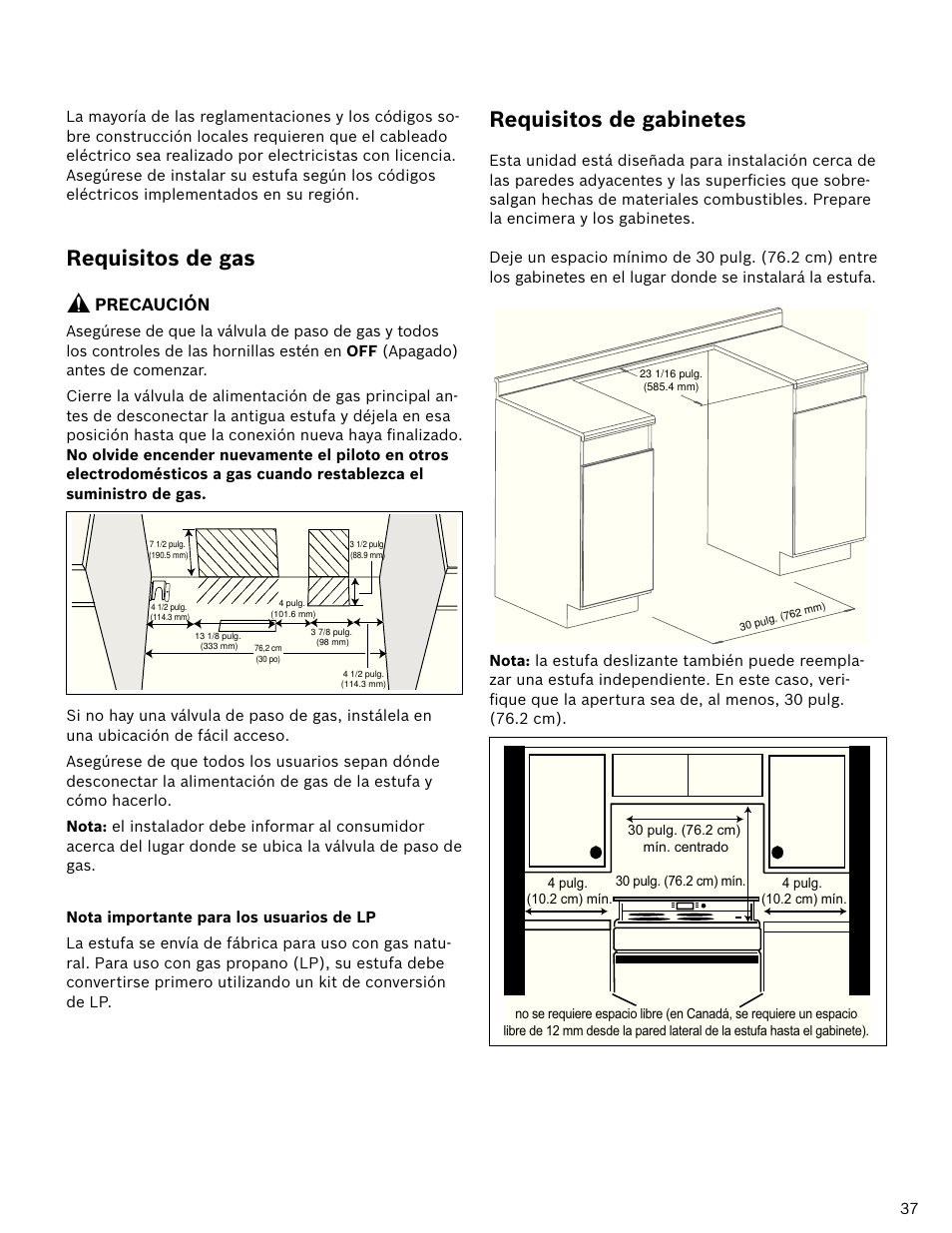 Requisitos de gabinetes, Requisitos de gas, Precaución | Bosch HDI7052U User Manual | Page 37 / 48