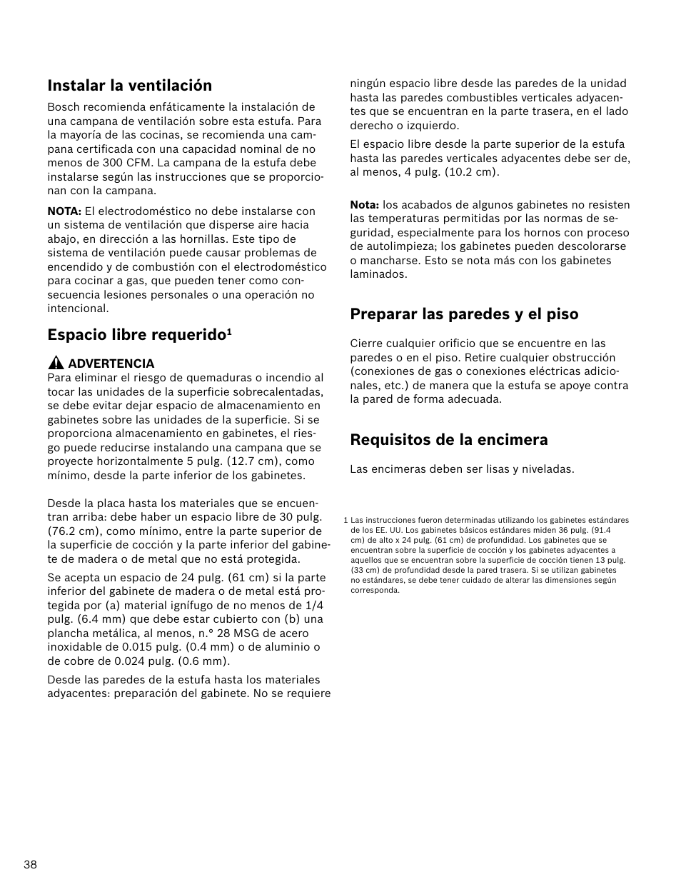 Instalar la ventilación, Espacio libre requerido, Preparar las paredes y el piso | Requisitos de la encimera | Bosch HDI7052U User Manual | Page 38 / 48