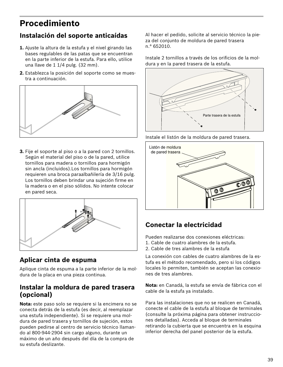 Procedimiento, Instalación del soporte anticaídas, Aplicar cinta de espuma | Instalar la moldura de pared trasera (opcional), Conectar la electricidad | Bosch HDI7052U User Manual | Page 39 / 48