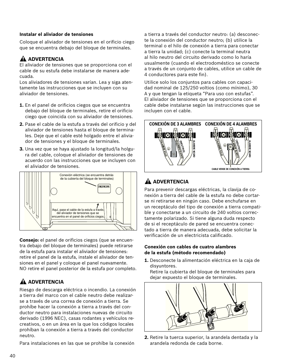 Advertencia, Conexión de 4 alambres | Bosch HDI7052U User Manual | Page 40 / 48