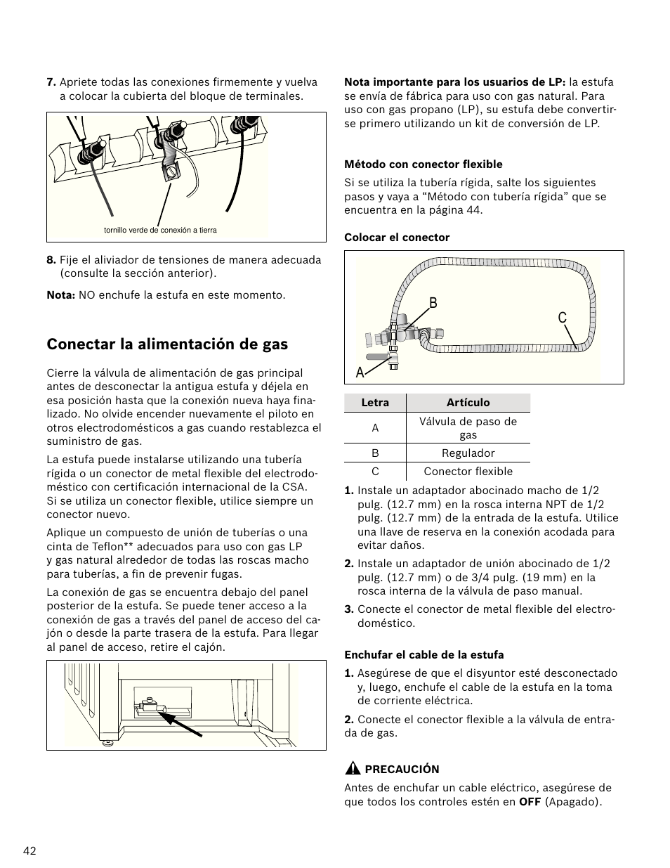 Ab c, Conectar la alimentación de gas | Bosch HDI7052U User Manual | Page 42 / 48