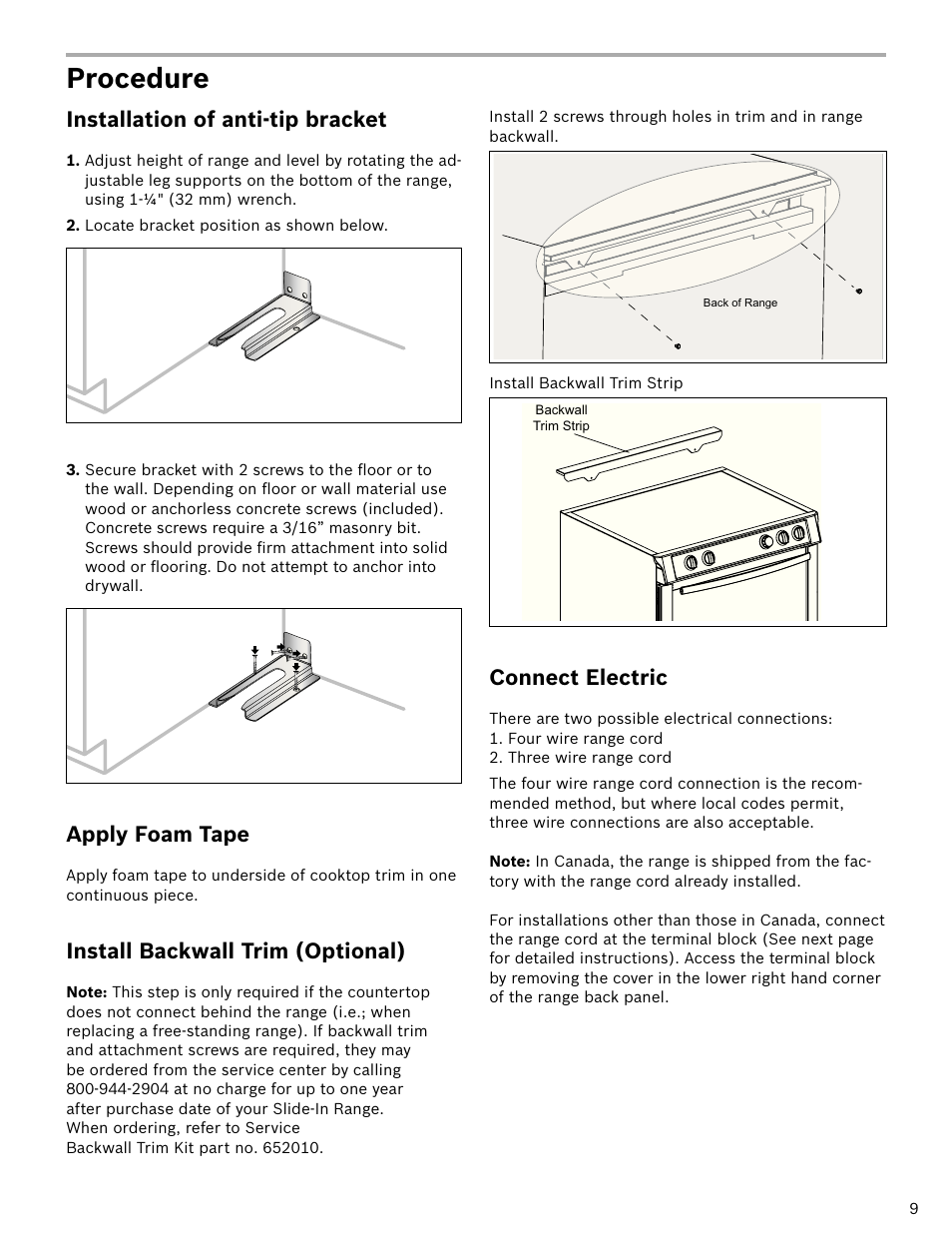 Procedure, Installation of anti-tip bracket, Apply foam tape | Install backwall trim (optional), Connect electric | Bosch HDI7052U User Manual | Page 9 / 48