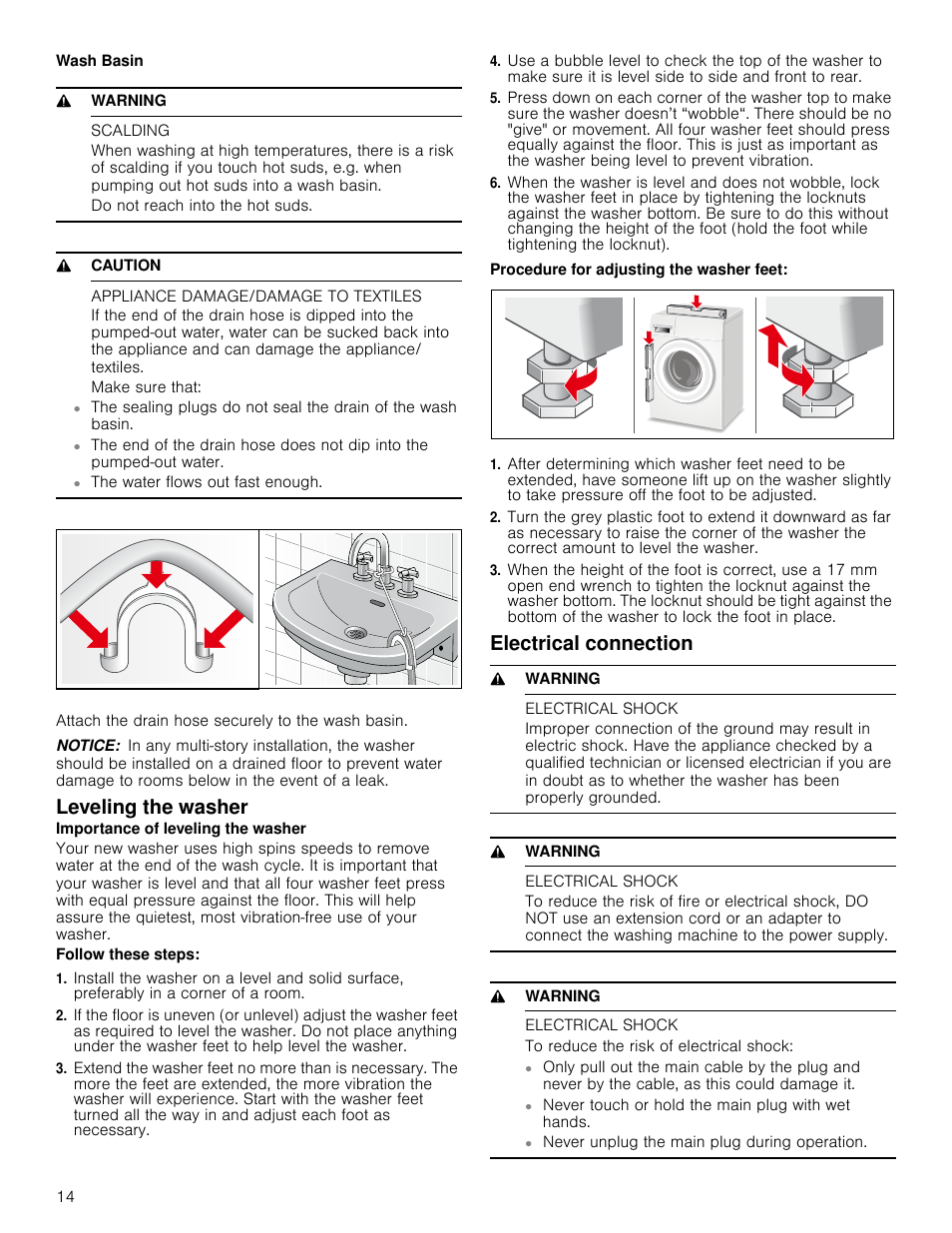 9 warning, Scalding, 9 caution | Appliance damage/damage to textiles, Notice, Leveling the washer, Electrical connection, Electrical shock, To reduce the risk of electrical shock, Leveling the washer electrical connection | Bosch WAP24201UC User Manual | Page 14 / 36