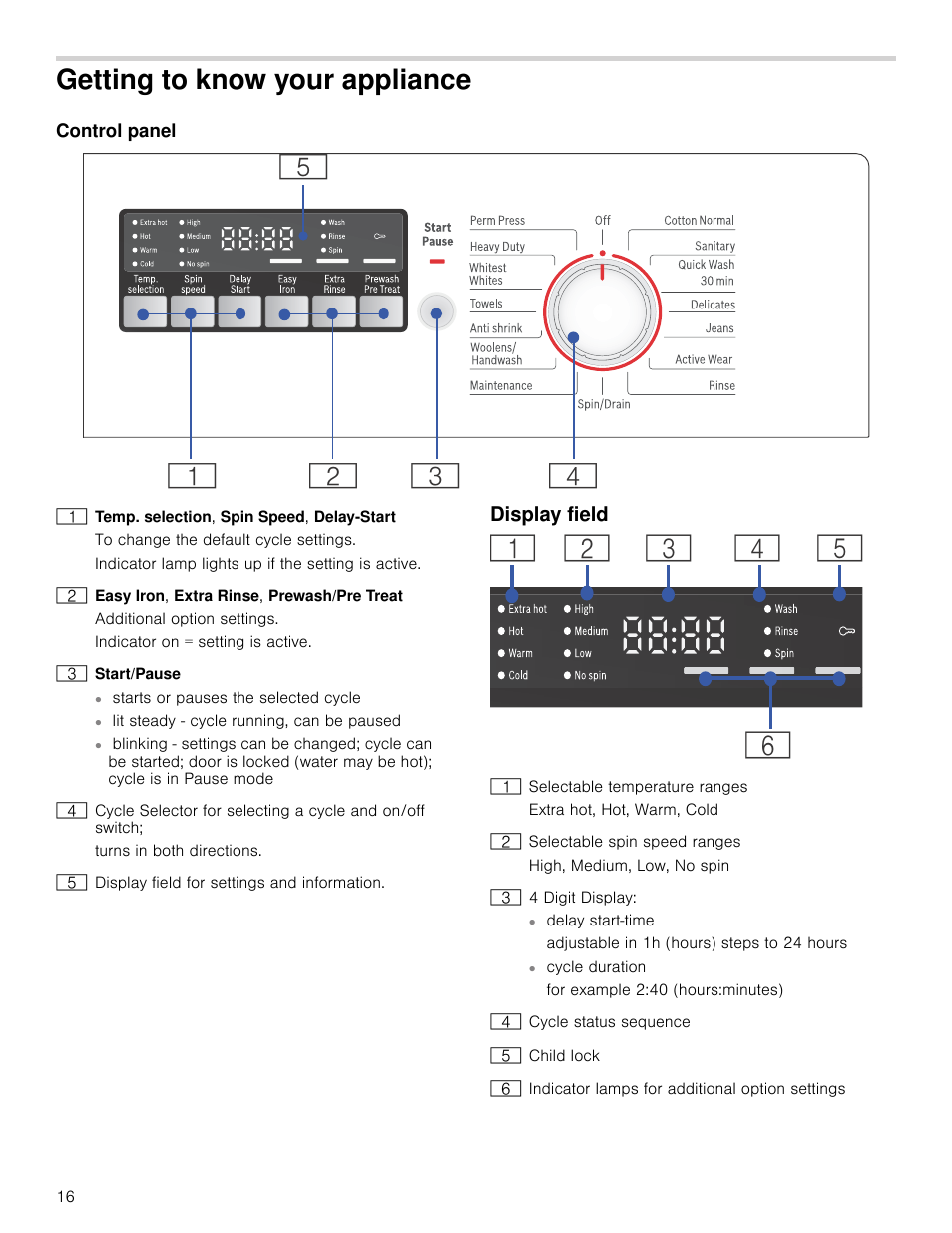 Getting to know your appliance, Control panel, Display field | Our appliance control panel display field | Bosch WAP24201UC User Manual | Page 16 / 36