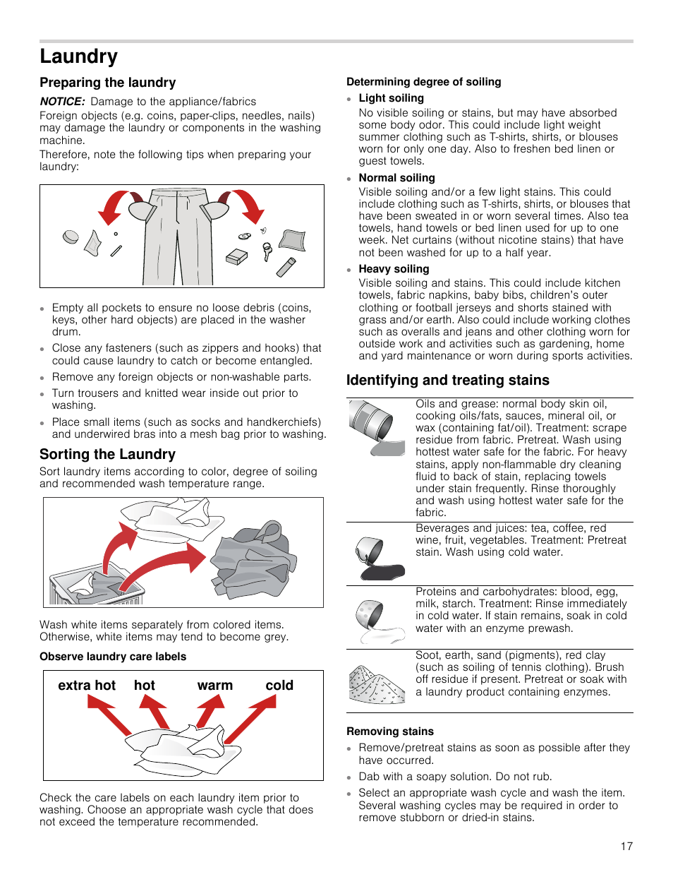 Laundry, Preparing the laundry, Notice | Sorting the laundry, Identifying and treating stains, H[wudkrw krw zdup frog | Bosch WAP24201UC User Manual | Page 17 / 36