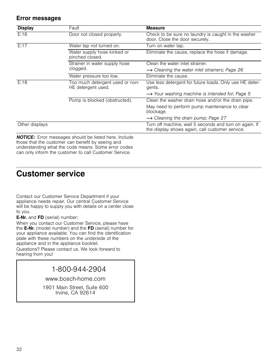 Error messages, Notice, Customer service | Vice | Bosch WAP24201UC User Manual | Page 32 / 36