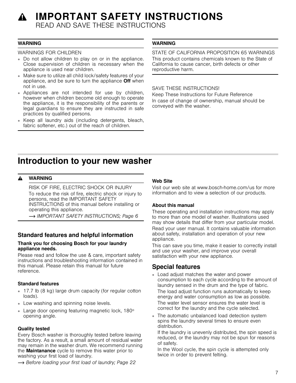 Important safety instructions, Read and save these instructions, Warning | Introduction to your new washer, 9 warning, Risk of fire, electric shock or injury, Standard features and helpful information, Special features, Warning warnings for children, Low washing and spinning noise levels | Bosch WAP24201UC User Manual | Page 7 / 36