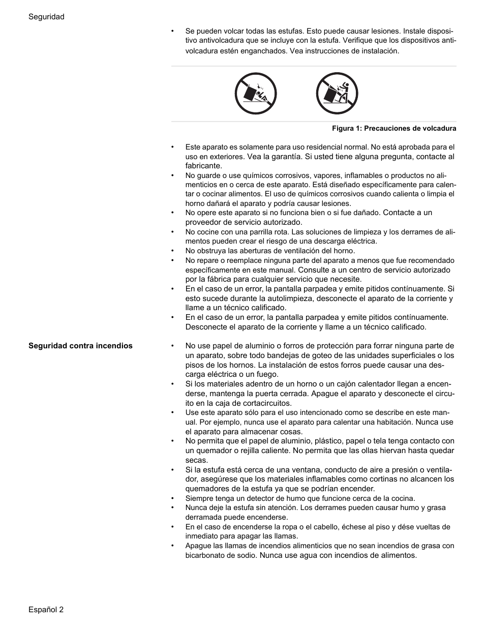 Figura 1: precauciones de volcadura, Seguridad contra incendios | Bosch HES7282U User Manual | Page 100 / 148