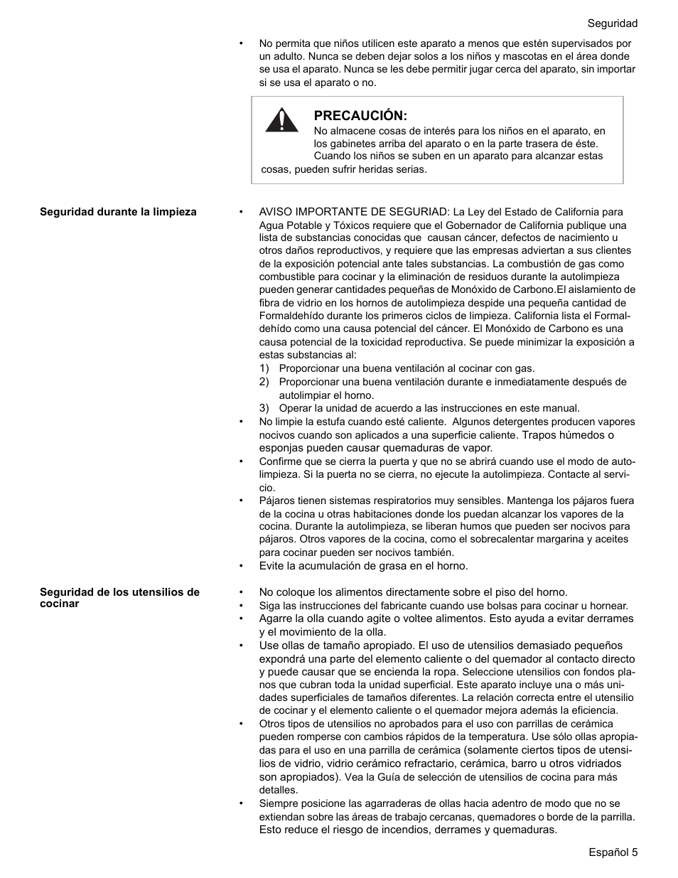 Seguridad durante la limpieza, Seguridad de los utensilios de cocinar | Bosch HES7282U User Manual | Page 103 / 148