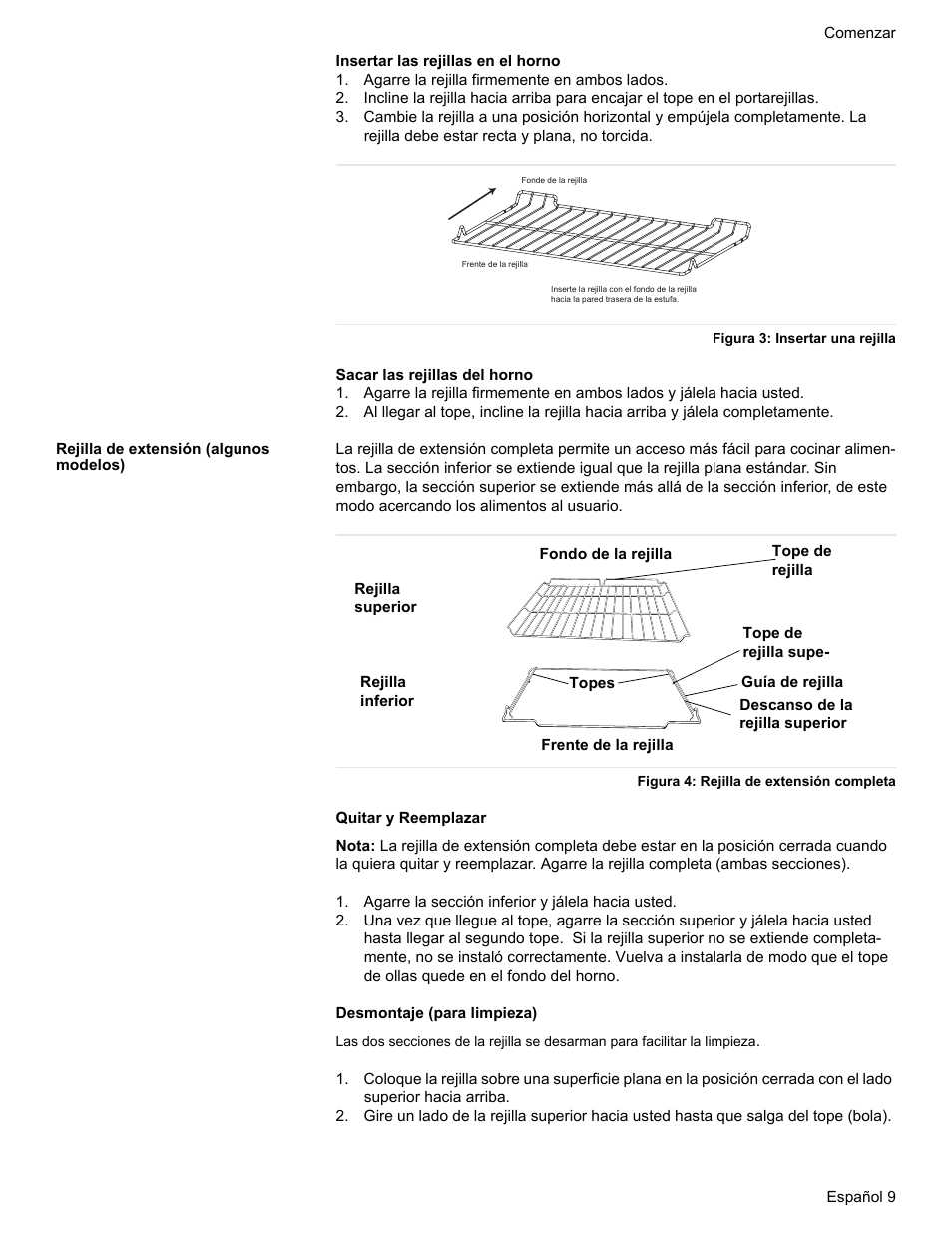 Agarre la rejilla firmemente en ambos lados, Figura 3: insertar una rejilla, Rejilla de extensión (algunos modelos) | Figura 4: rejilla de extensión completa, Agarre la sección inferior y jálela hacia usted | Bosch HES7282U User Manual | Page 107 / 148